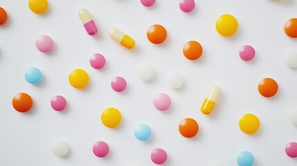 Vibrant assortment of colorful medicinal pills and capsules on a white background