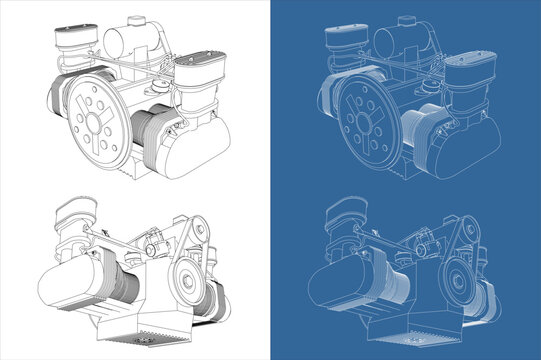 Isometric view Technical Line Drawing of a 1600cc dual port Air cooled car Engine in Multiple Angles
