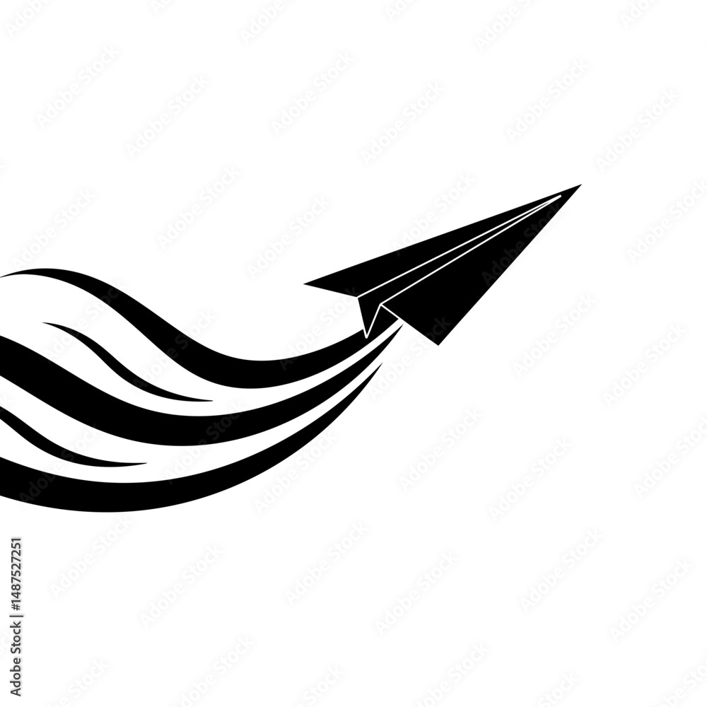 Poster paper airplane's journey: a black paper airplane soars gracefully, its motion trails creating an ele