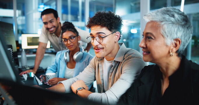 Office, programmer and group with computer, review and brainstorming for algorithm, plan and website. Online, colleagues and people with technology for new code, talking and collaboration with system