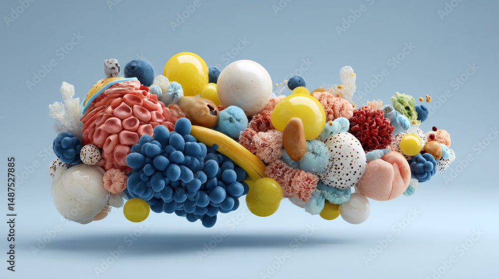 Poster colorful abstract design featuring various shapes and forms in a 3d arrangement.