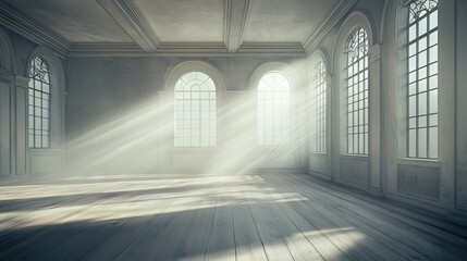 Spacious antique room bathed in sunlit rays.