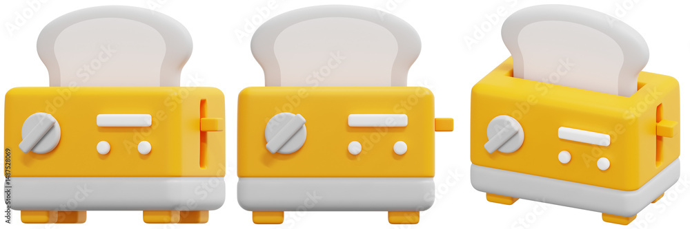 Poster set of yellow toaster with white bread 3d model rendering 3d render icon illustration