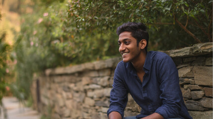 Carefree young man laughing outdoors on a sunny day