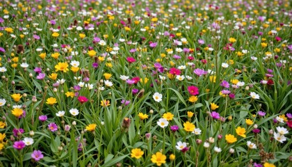 Vibrant Flower Meadow with Colorful Blooms and Lush Greenery in a Scenic Natural Setting
