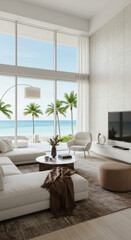 Fototapeta premium Beachfront Living: Modern Coastal Interior Design with Ocean Views, Serene Whites & Natural Tones for a Relaxing Luxury Home Experience