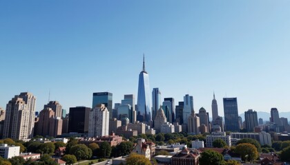 Obraz premium Wide View of a Modern City Skyline Under a Clear Blue Sky with Urban Architecture and Green Spaces