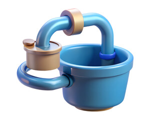 Stylized blue and gold cup with unusual handle and attachment high quality 3d rendering icon on transparent background