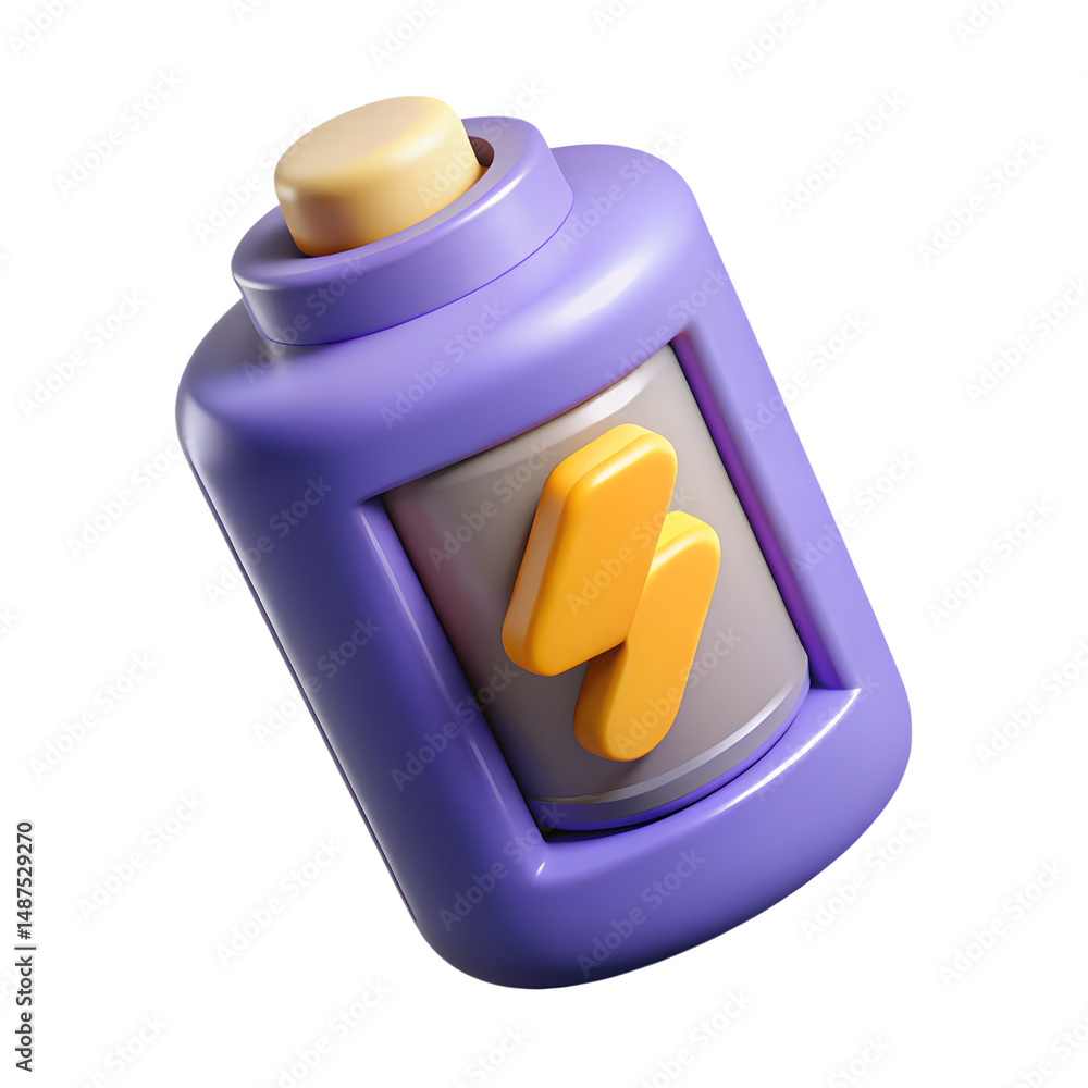 Poster stylized purple battery with lightning symbol high quality 3d rendering icon on transparent backgrou