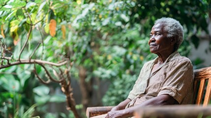 Peaceful contemplation of an elderly african woman outdoors