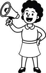 Cartoon illustration of a funny smiling girl character shouting through a megaphone.  coloring pages.