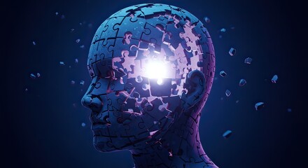 Naklejka premium Abstract human figure with puzzle pieces disintegrating in dark space 