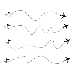 Set of Flight Path Icons with Airplane and Destination Flag Travel Route Vector Design