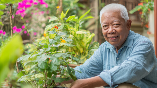 Elderly man enjoying gardening in a lush outdoor setting