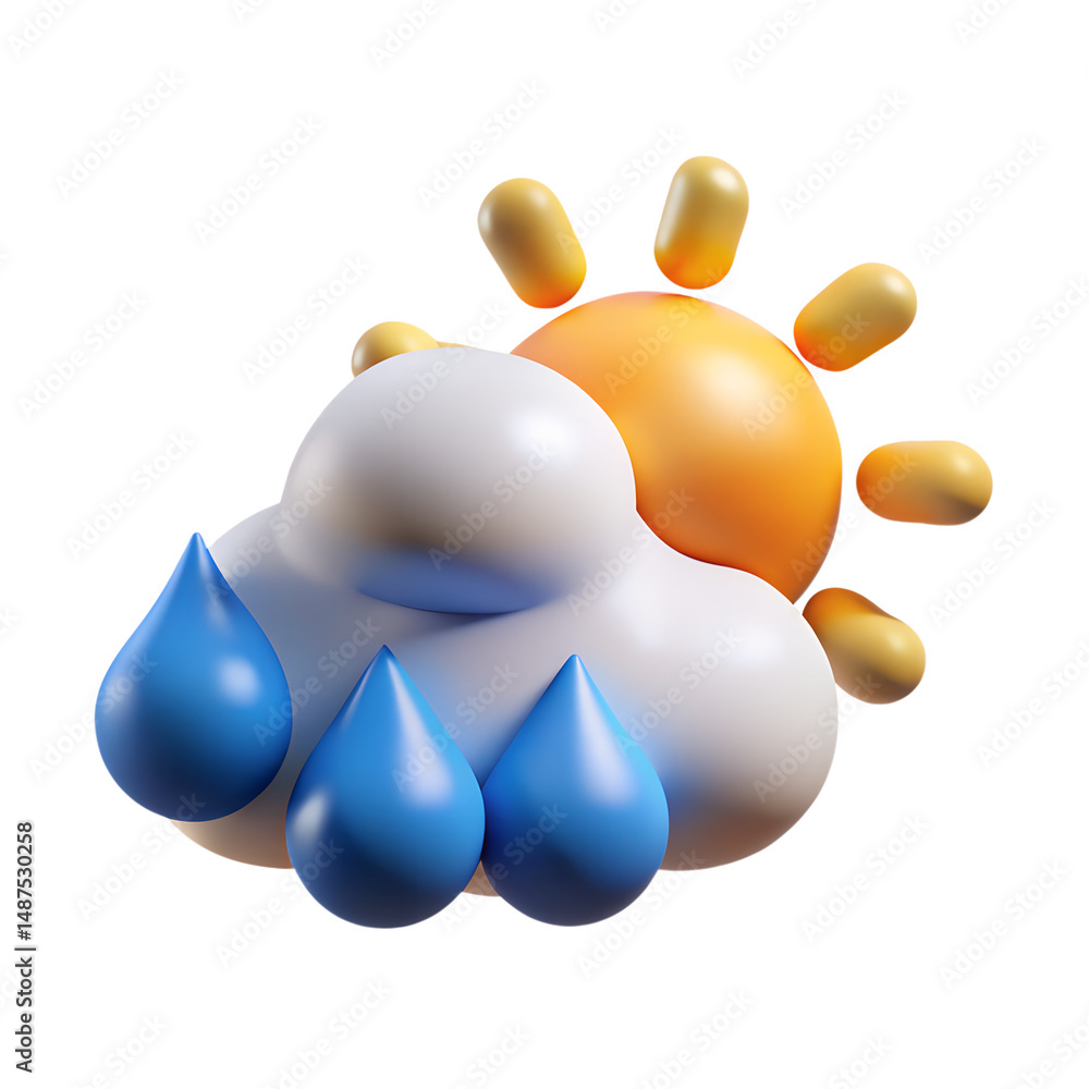 Poster weather forecast 3d render cloudy with raindrops and sun elements high quality 3d rendering icon on 