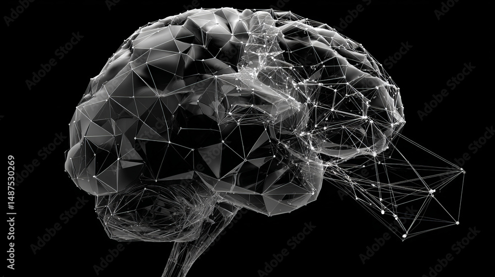 Poster human brain with ai technology background. artificial intelligence. digital brain. low polygonal wir