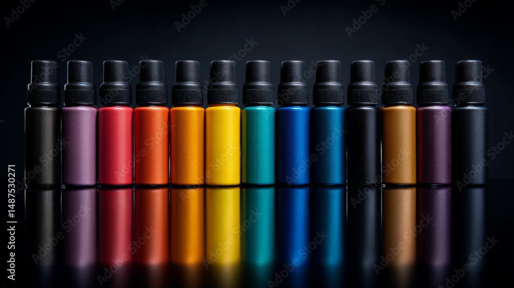 Aufkleber colorful array of drink bottles arranged in a stunning line with reflective surface.