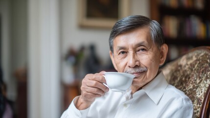Tranquil moment of elderly man enjoying tea at home