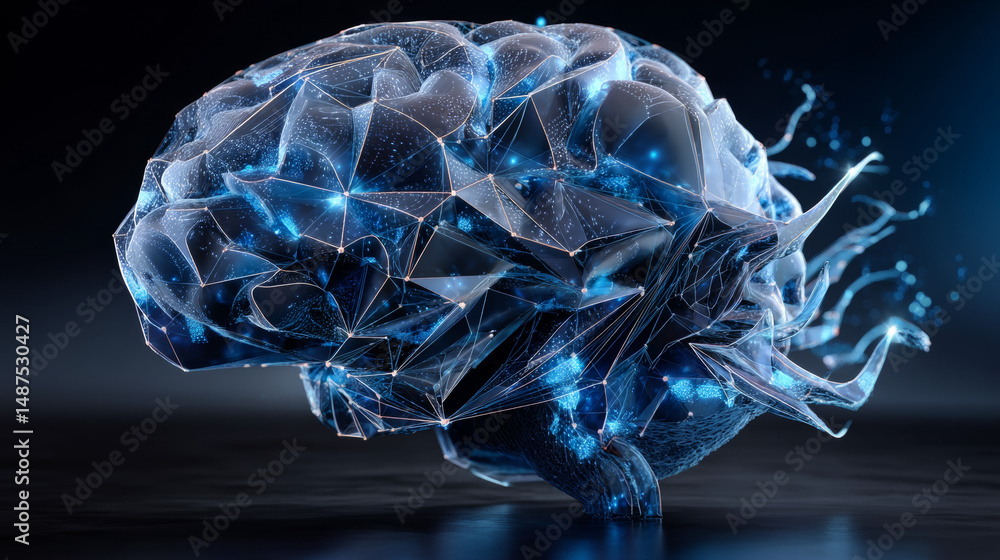 Poster human brain with ai technology background. artificial intelligence. digital brain. low polygonal wir