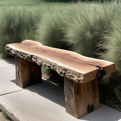 A rustic wooden bench with raw edges and visible grain