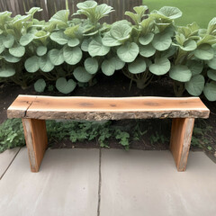 A rustic wooden bench with raw edges and visible grain