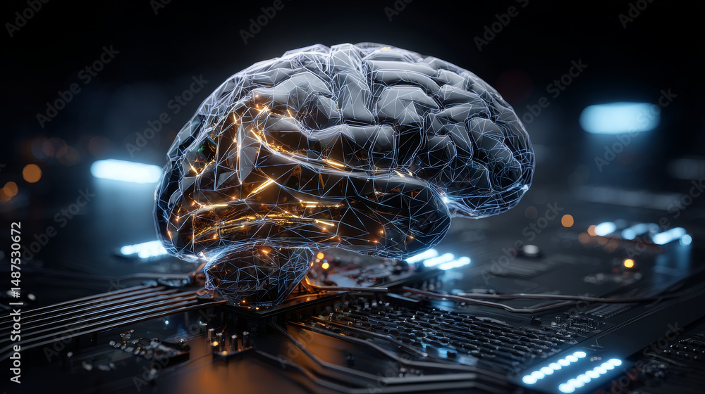 Poster artificial intelligence. human head outline with circuit board inside. technology and science brain.