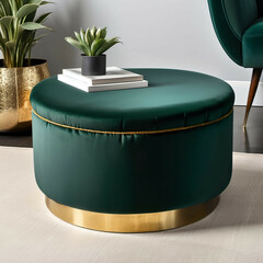 A round velvet ottoman in deep green with gold base trim
