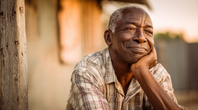 Tranquil elderly man relaxing on rustic porch in warm african sunset - Powered by Adobe