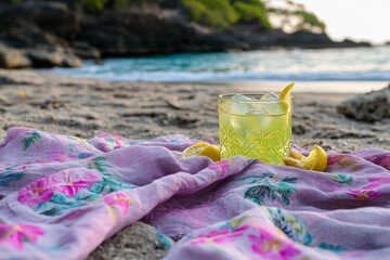 Refreshing cocktail on a tropical beach blanket.