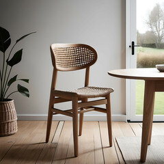 A Scandinavian-style wooden dining chair with a woven seat