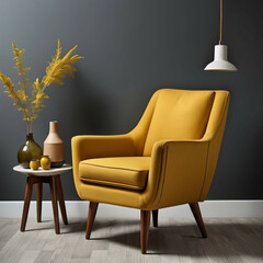 A mid-century modern armchair with wooden legs and mustard yellow fabric