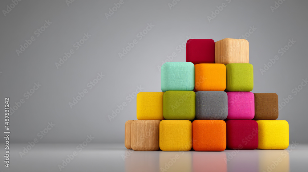 Poster colorful building blocks arranged in a creative stack on a smooth surface.