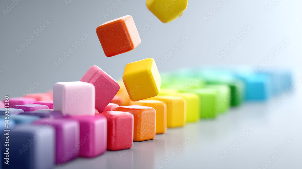 Poster colorful building blocks in motion create a playful and vibrant atmosphere.