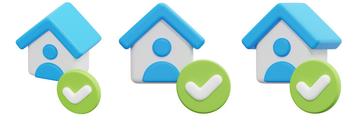Set of Three Blue Houses with Green Check Marks 3d Render Icon Illustration