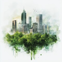 Fototapeta premium Watercolor City Skyline Emerging from Lush Green Trees