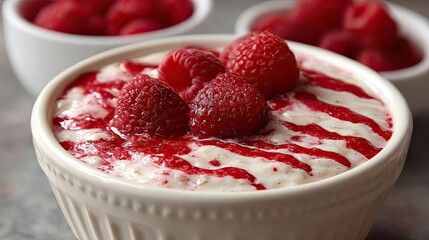Healthy smoothie bowl with raspberries banana and coconut concept. Delicious raspberry dessert topped with fresh berries.