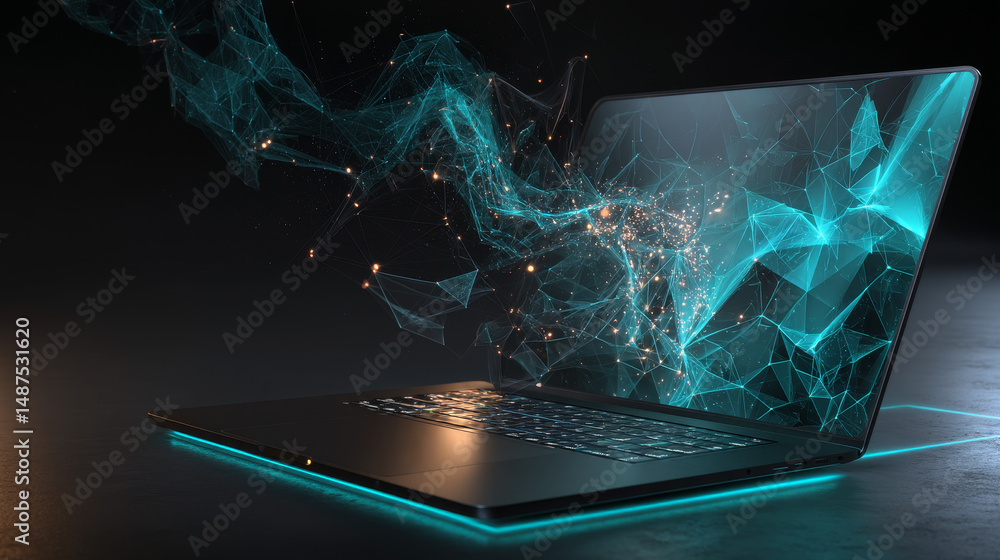 Poster laptop with technology icons from lines, triangles and particle style design. illustration vector