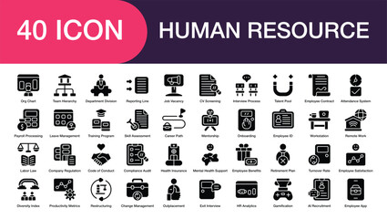 Human Resource set of icon in Glyph Style. Training Program, Skill Assesment, Workstation, Health Insurance, Interview Process and More. Perfect Pixel and High Quality