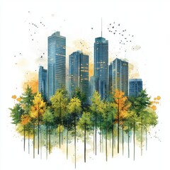 Obraz premium Watercolor Cityscape Emerging from Lush Forest at Sunset