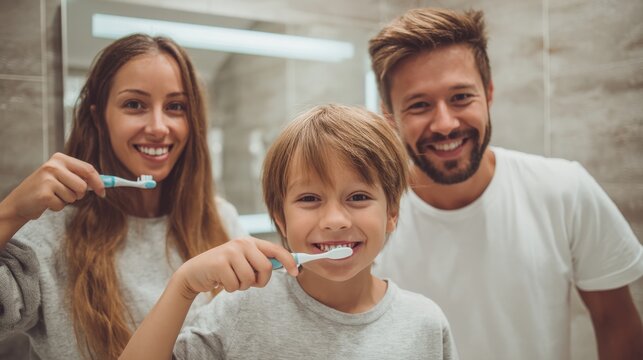 Brushing teeth as a family habit, kid holding toothpaste while parents smile encouragingly.