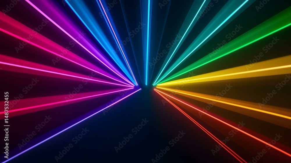 Poster the image contains brightly colored neon lines radiating outwards from a central point, creating a v