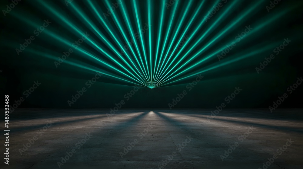 Poster the image shows a dark room with a concrete floor, illuminated by a series of teal laser beams emana