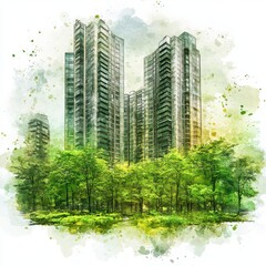 Obraz premium Watercolor Cityscape Modern Highrises Amidst Lush Greenery