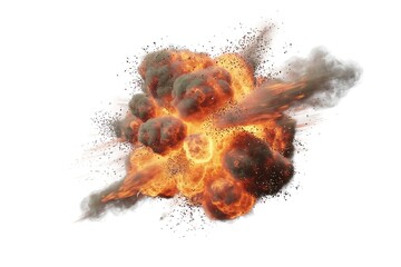 Powerful Explosion with Debris and Smoke Isolated on White