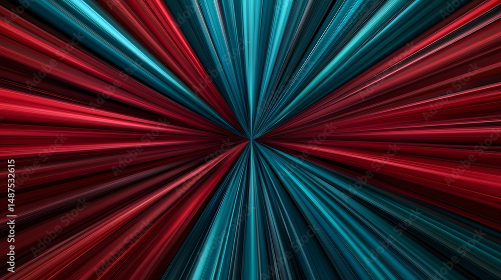 Poster the image contains an abstract design of radiating lines in shades of deep red and teal, converging 