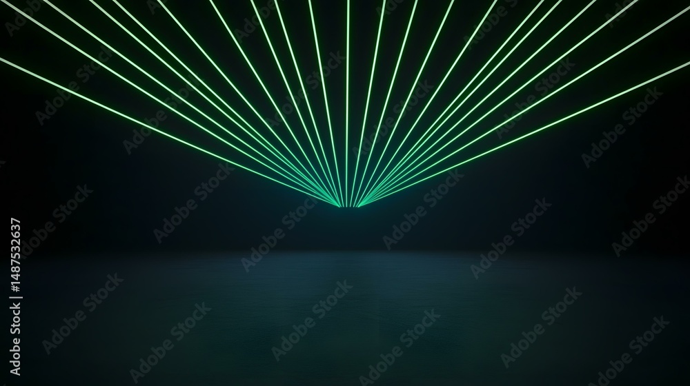 Poster multiple bright green laser beams emanate from a central point, converging to create a striking, sym