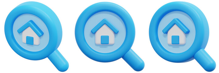 Set of Blue 3D Magnifying Glasses with House Icons 3d Render Icon Illustration