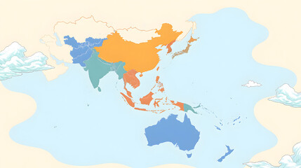 Decorative Flat Vector Map of Asia Pacific with Stylized Waves and Clouds on Gradient Background