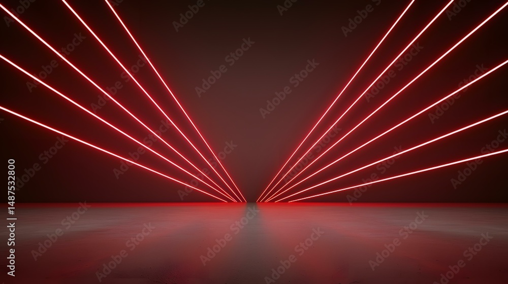 Poster the image contains several bright red neon lines emanating from a central point on the floor and con