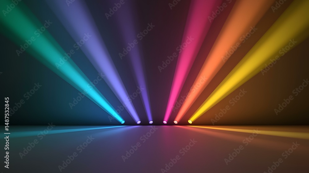 Poster the image shows five vibrant colored spotlights converging in the center of a dark room, creating a 
